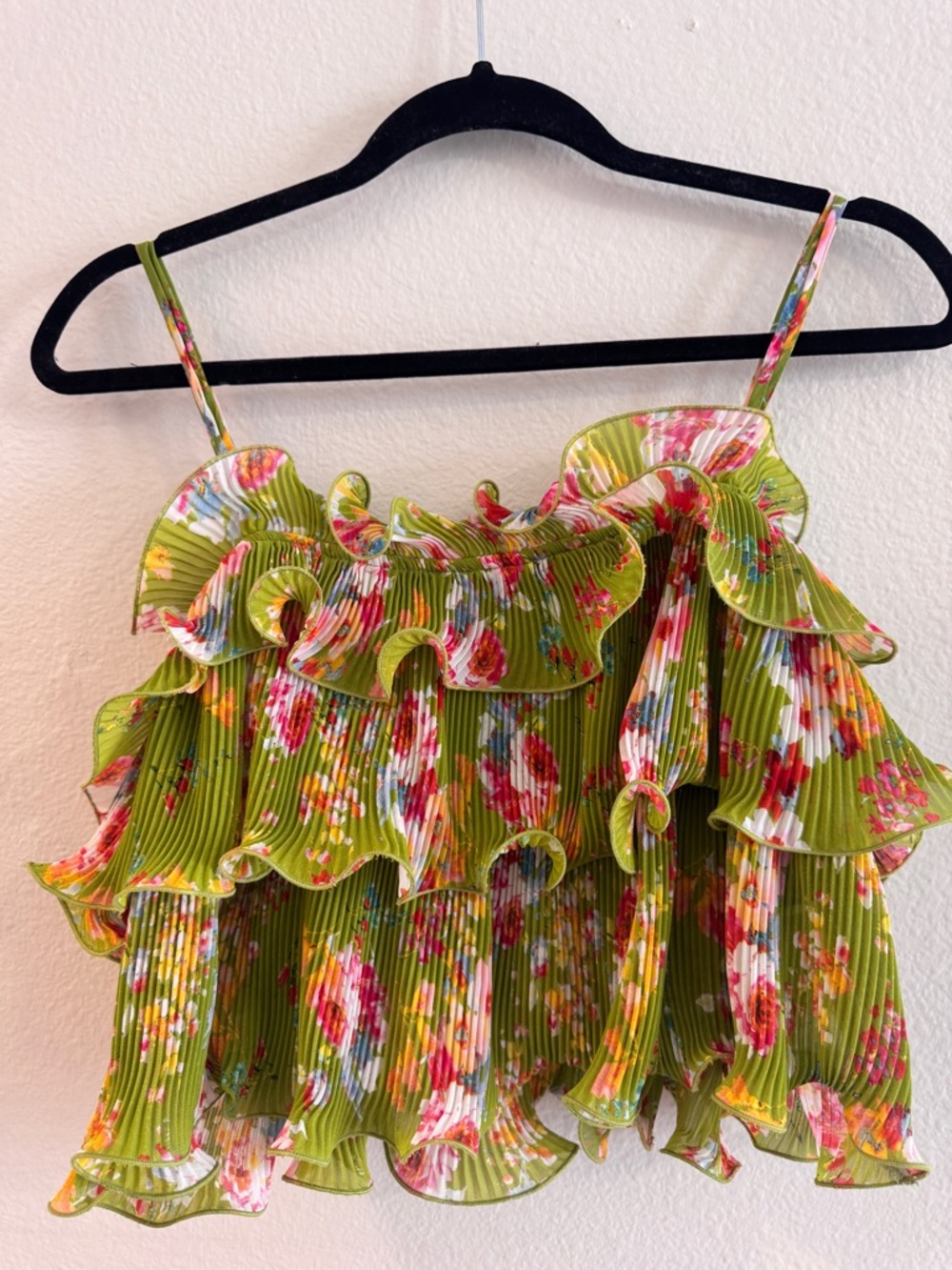 SHEIN Green Floral Ruffle Pleated Tank Top